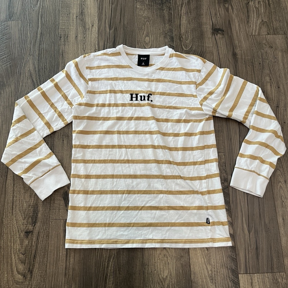 HUF Mens Gold Striped Long Sleeve T Shirt 100% Cotton Skate Streetwear Logo Sz M